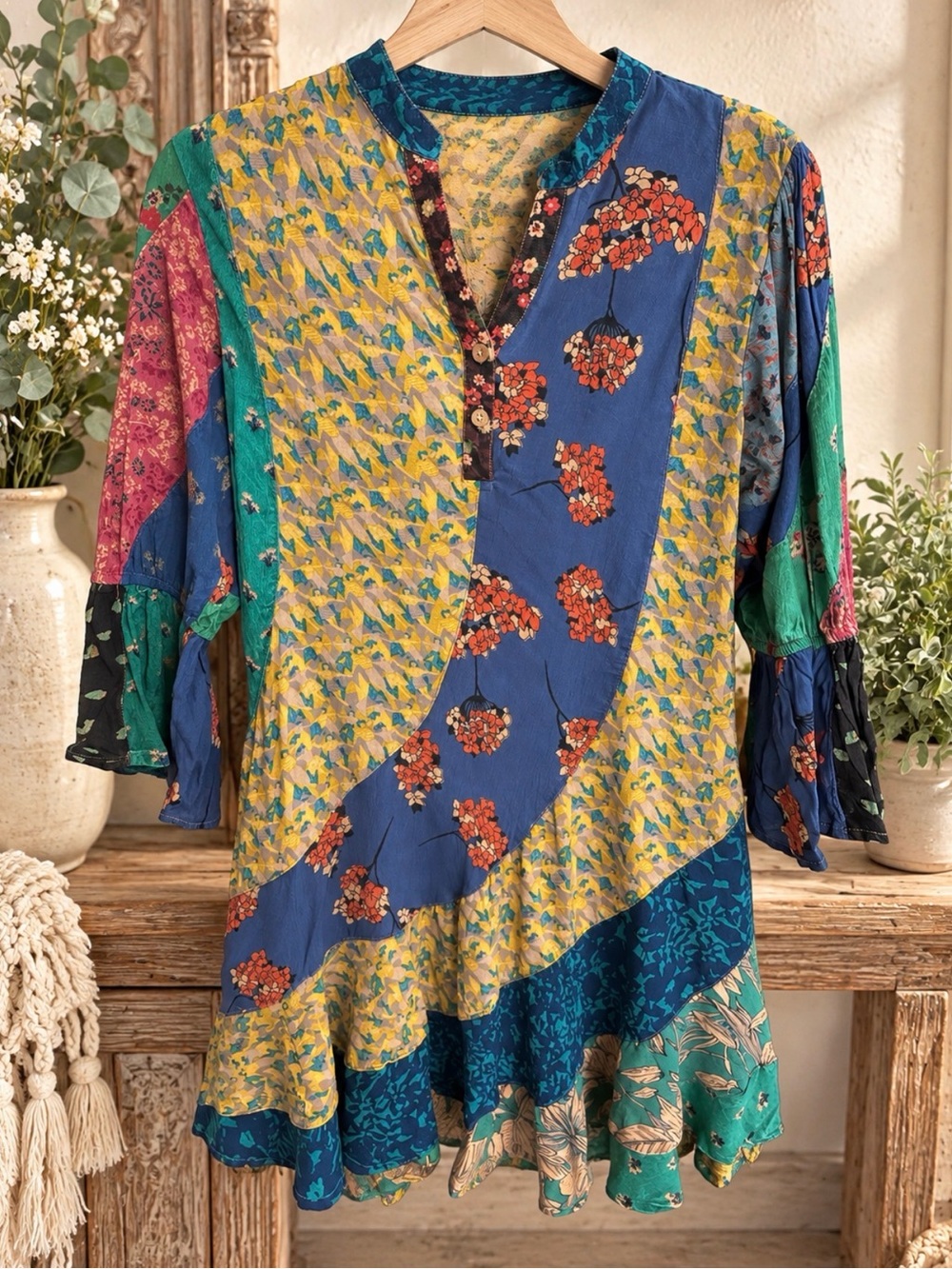 Young Threads Blue and Green Patchwork Floral Tunic Medium